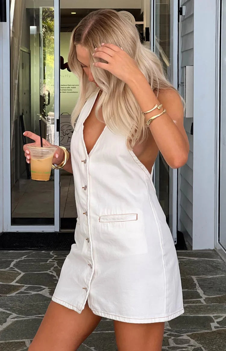 Corbin White Denim Halter Neck Mini Dress | Beginning Boutique US Corbin White Denim Halter Neck Mini Dress | Beginning Boutique US
