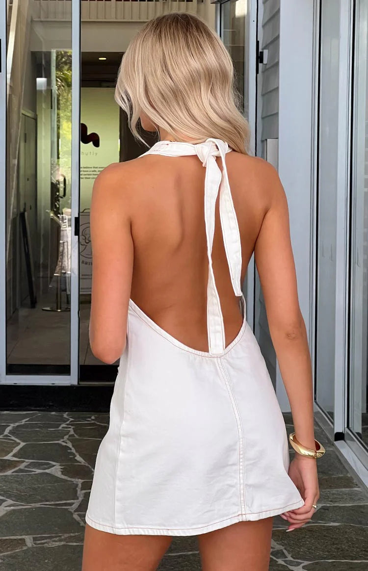 Corbin White Denim Halter Neck Mini Dress | Beginning Boutique US Corbin White Denim Halter Neck Mini Dress | Beginning Boutique US
