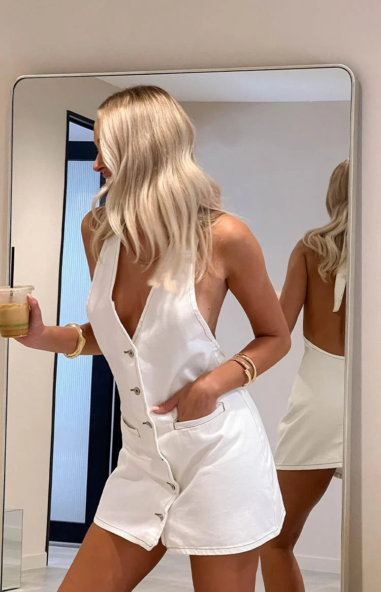 Corbin White Denim Halter Neck Mini Dress | Beginning Boutique US Corbin White Denim Halter Neck Mini Dress | Beginning Boutique US