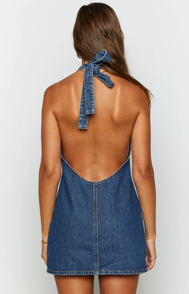 Corbin Denim Halter Neck Mini Dress - US 16 | Beginning Boutique Exclusive Corbin Denim Halter Neck Mini Dress - US 16 | Beginning Boutique Exclusive