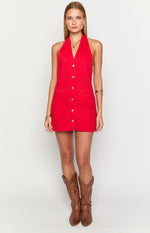 Corbin Red Denim Halter Neck Mini Dress Image