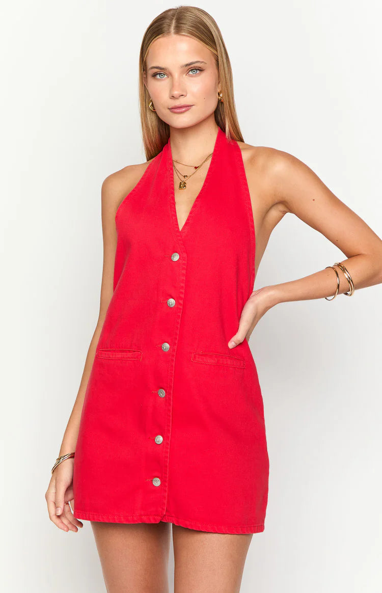 Corbin Red Denim Halter Neck Mini Dress - US 18 | Beginning Boutique exclusive Corbin Red Denim Halter Neck Mini Dress - US 18 | Beginning Boutique exclusive
