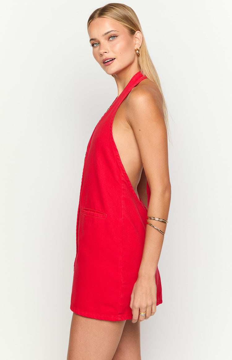 Corbin Red Denim Halter Neck Mini Dress Image