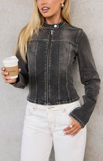 Corey Black Washed Denim Biker Jacket Image