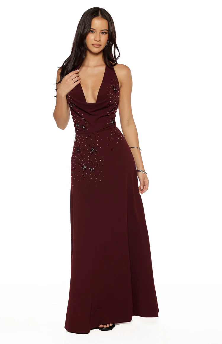 Corey Burgundy Beaded Crepe Maxi Dress - US 0