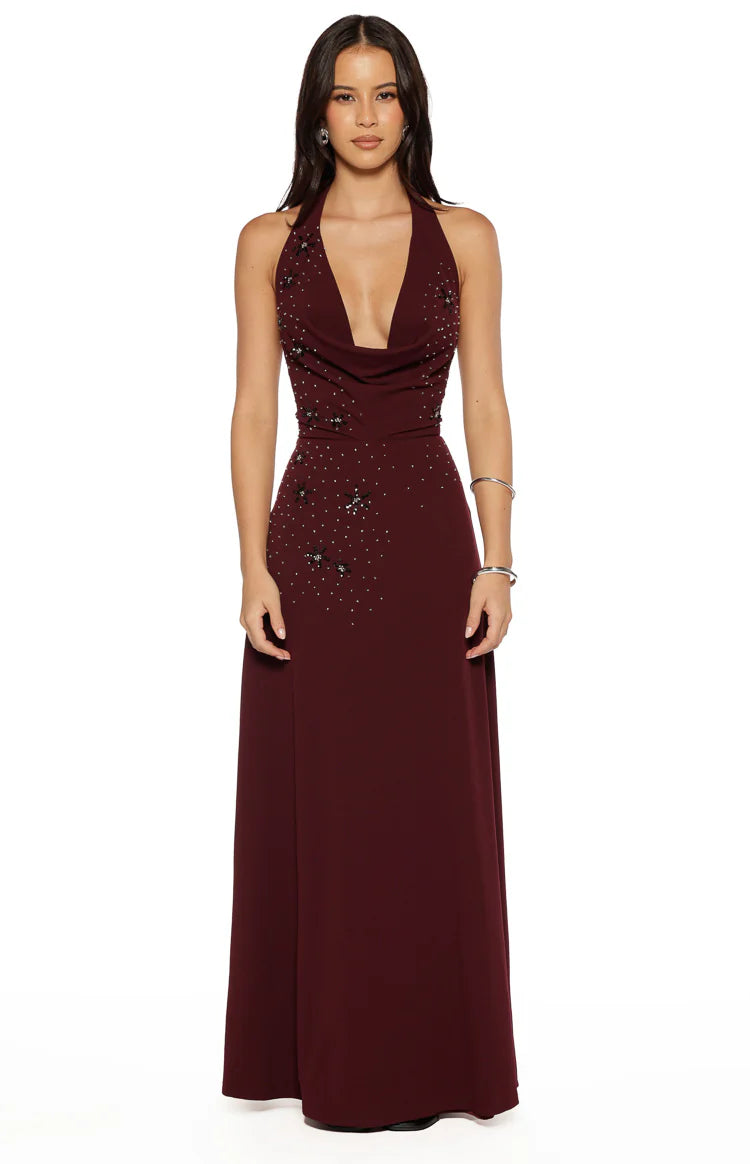 Corey Burgundy Beaded Crepe Maxi Dress | Beginning Boutique US Corey Burgundy Beaded Crepe Maxi Dress | Beginning Boutique US