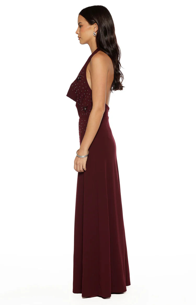 Corey Burgundy Beaded Crepe Maxi Dress - US 0 | Beginning Boutique Exclusive Corey Burgundy Beaded Crepe Maxi Dress - US 0 | Beginning Boutique Exclusive