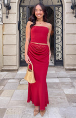 Beginning Boutique Crimson Rose Red Lace Maxi Skirt crimson rose red low-rise maxi skirt with draped waist and lace trim