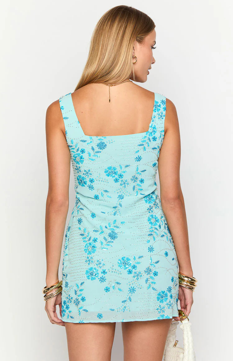 beaded blue mini dress Curren Blue Beaded Mini Dress - US 4