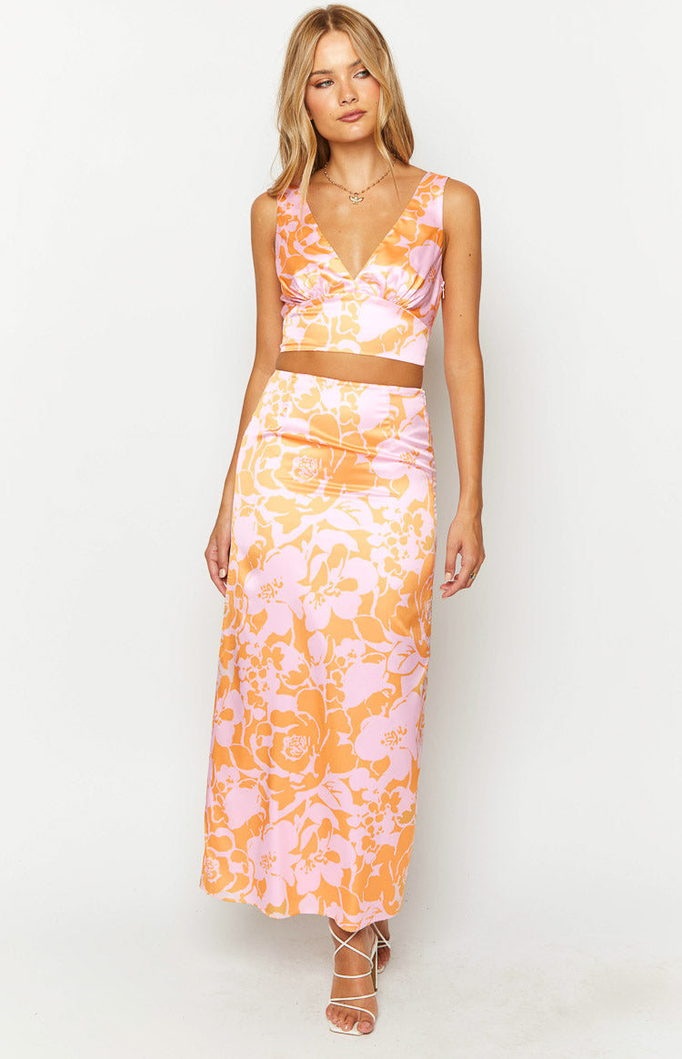 Dahlia Orange And Pink Floral Print Maxi Skirt Image