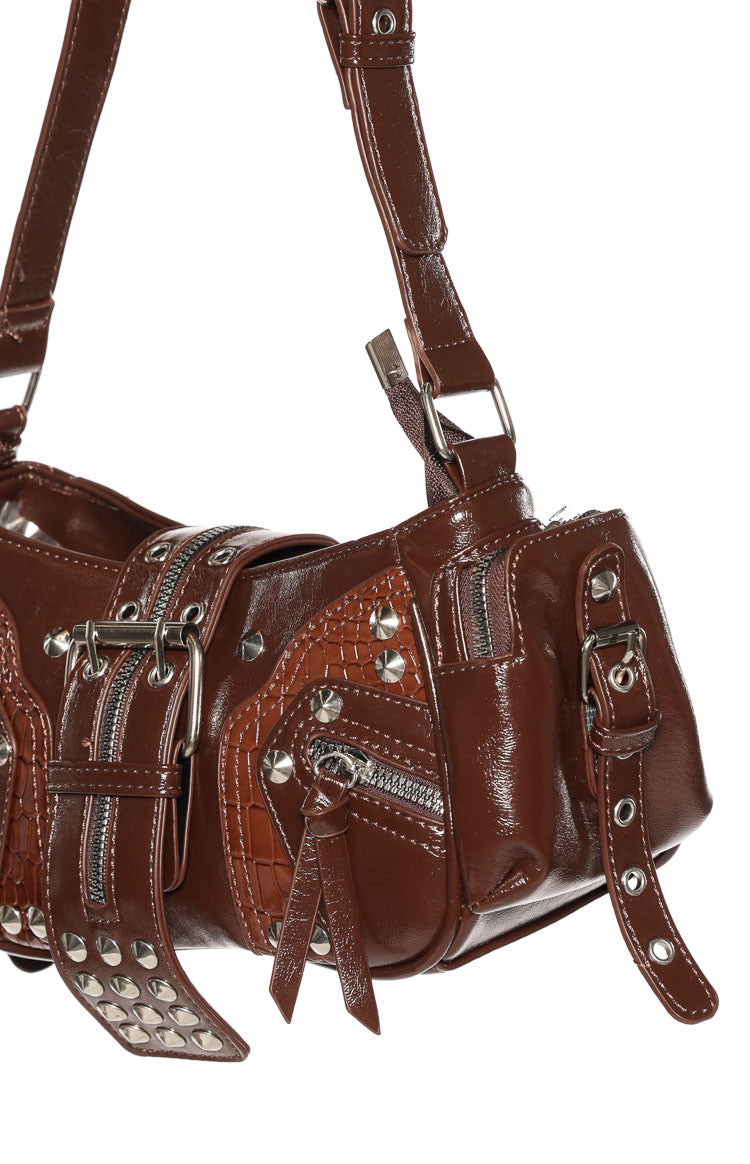 Dakota Brown Pu Silver Hardwear Shoulder Bag | Beginning Boutique US
