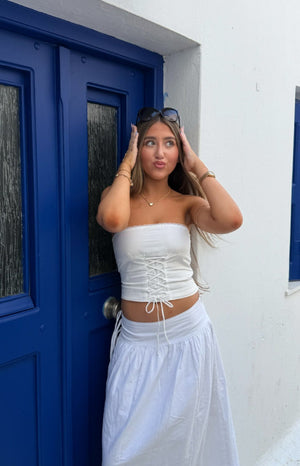 Beginning Boutique Dakota White Strapless Top white strapless crop top with lace trim and corset lace-up front