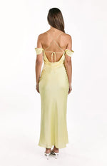 Danni Light Yellow Tie Off Shoulder Formal Maxi Dress