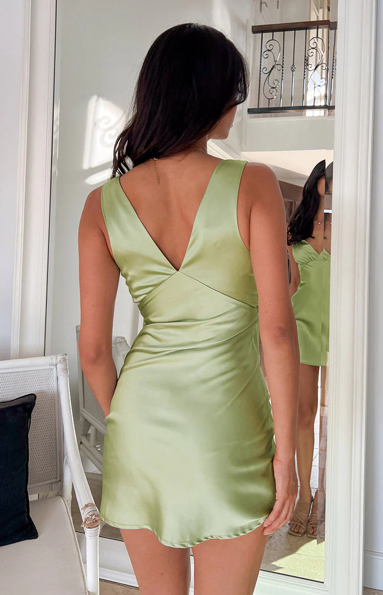 Daphne Sage Satin Mini Dress - 12 | Beginning Boutique Exclusive Daphne Sage Satin Mini Dress - 12 | Beginning Boutique Exclusive