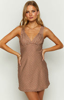 Beginning Boutique Daphne Chocolate Chiffon Mini Dress brown and white geometric print chiffon deep V-neck sleeveless mini dress