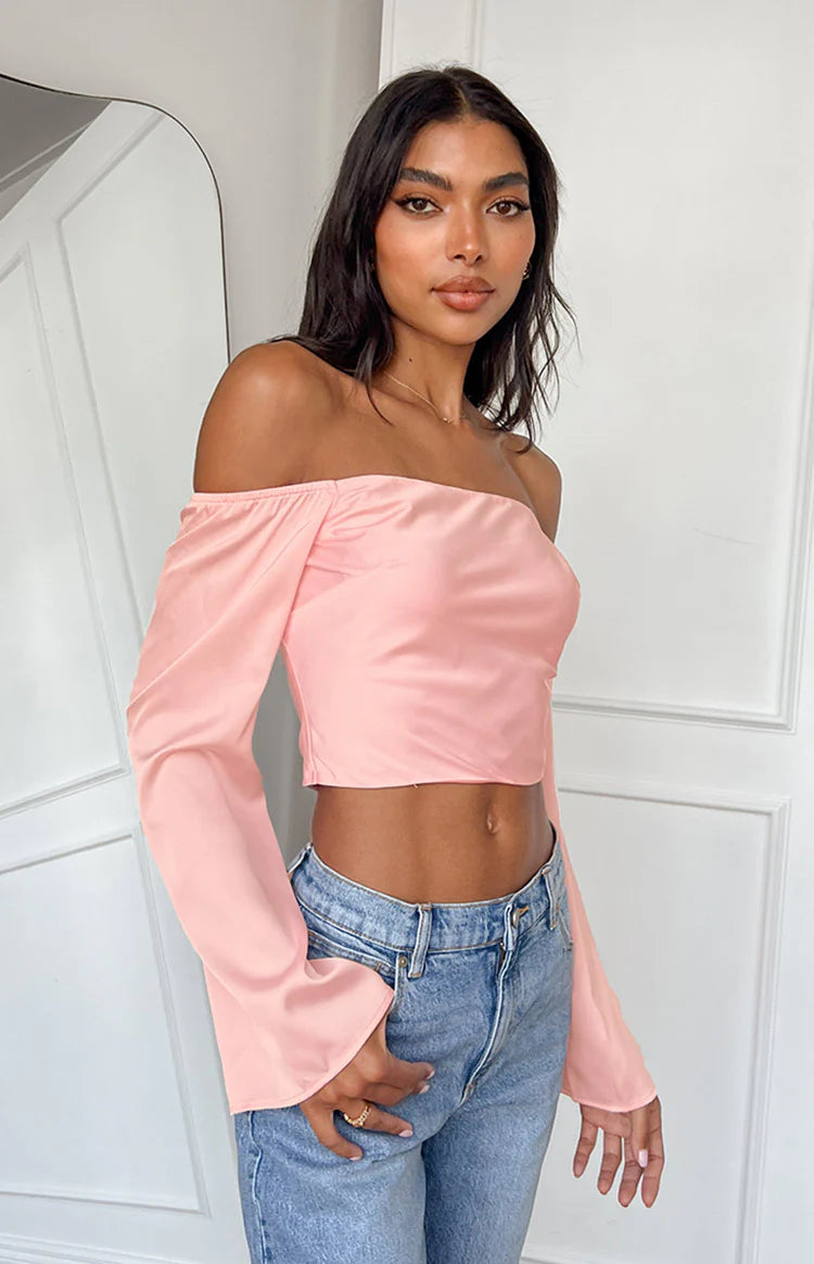 トップス andmary / Lotta ribbon tops pink Darcie Pink Satin Long Sleeve Top | Beginning Boutique US