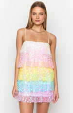 Front view of a tiered rainbow sequin mini dress with a square neckline and thin spaghetti straps