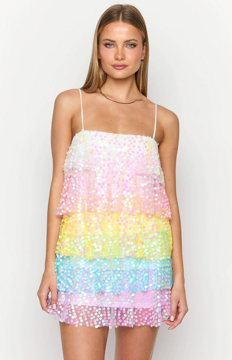 Front view of a tiered rainbow sequin mini dress with a square neckline and thin spaghetti straps