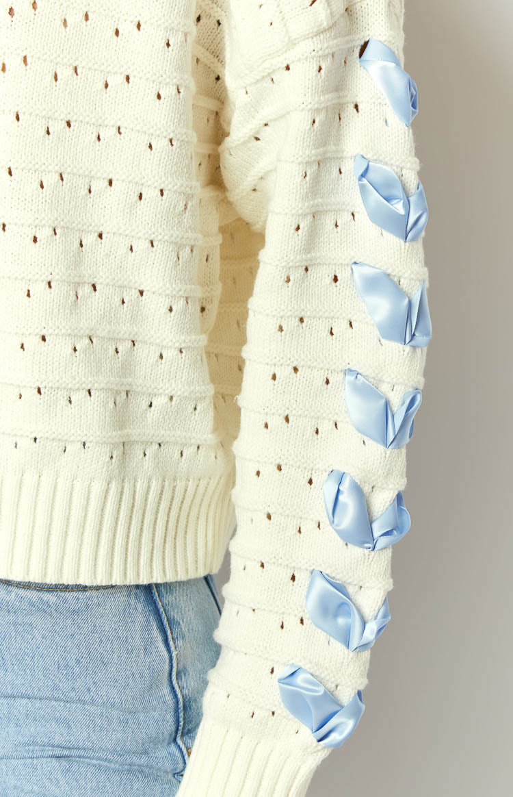 Darling White Knit Blue Ribbon Sweater Image