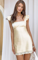 Yellow satin mini dress with a square neckline, short flutter sleeves, and delicate lace trim at the hem