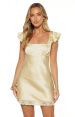Yellow satin mini dress with a square neckline, ruffled cap sleeves, and delicate lace trim at the hem