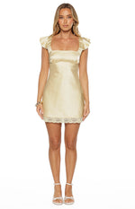 Full length view of a yellow satin mini dress with a square neckline, ruffled cap sleeves, and lace trim hem