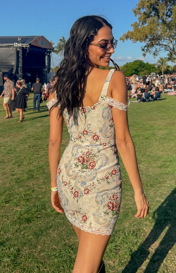 Daydreaming Beige Tapestry Mini Dress - US 2 | Beginning Boutique Exclusive Daydreaming Beige Tapestry Mini Dress - US 2 | Beginning Boutique Exclusive