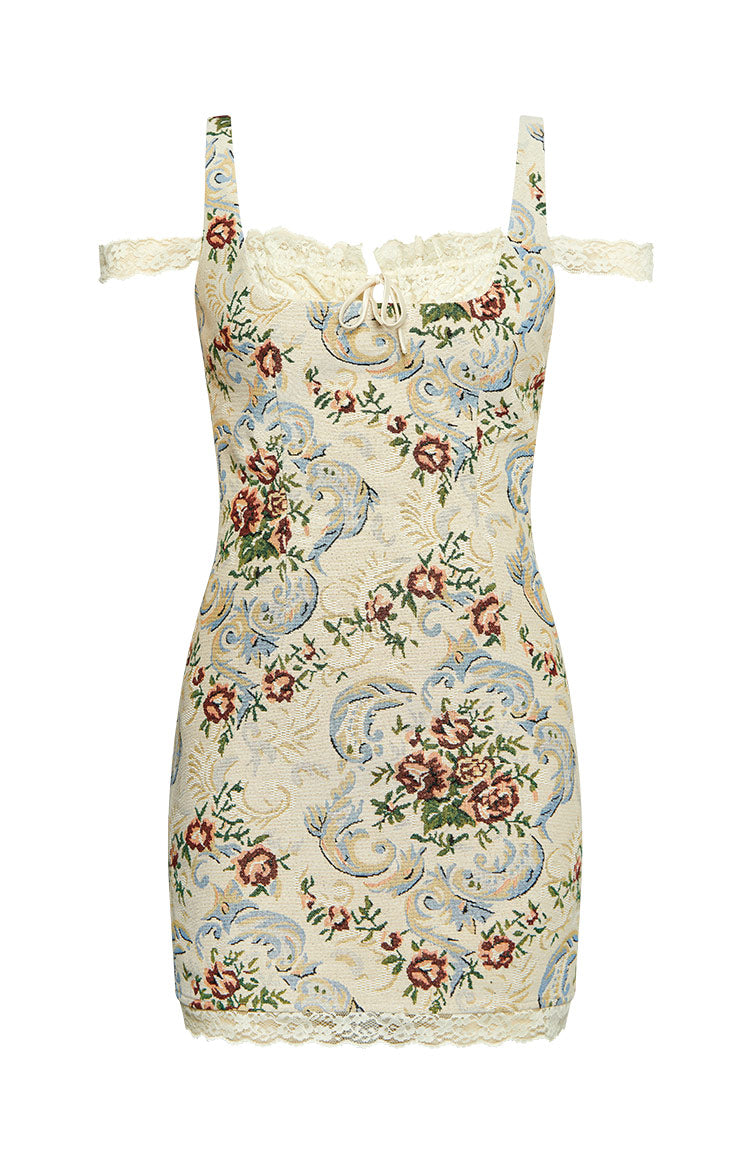 Daydreaming Beige Tapestry Mini Dress - US 2 | Beginning Boutique Exclusive Daydreaming Beige Tapestry Mini Dress - US 2 | Beginning Boutique Exclusive