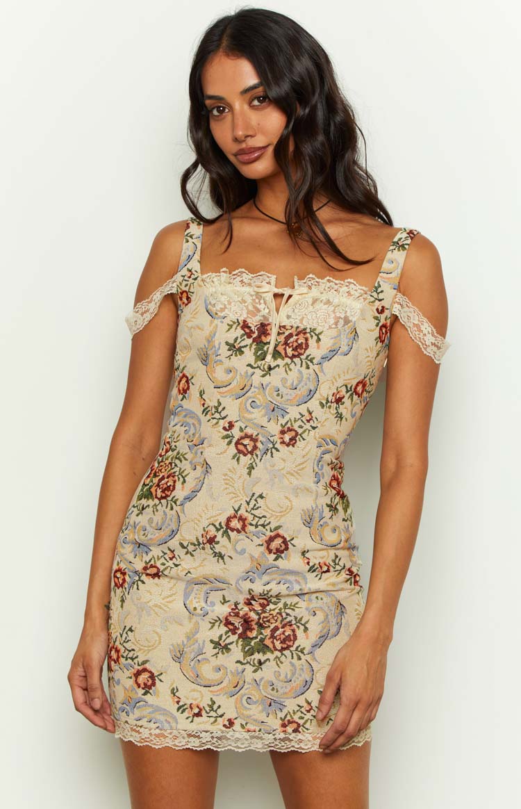 Daydreaming Beige Tapestry Mini Dress - US 2