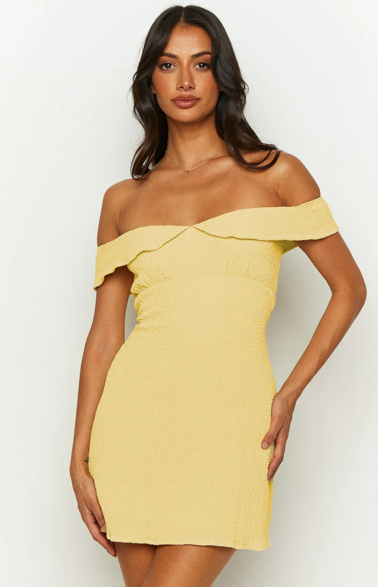 bonnin off the shoulder lace mini dress yellow Daydreaming Yellow Off Shoulder Mini Dress - US 14