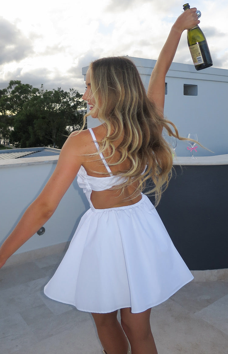fun white mini dress Rehearsal White Feather Mini Dress