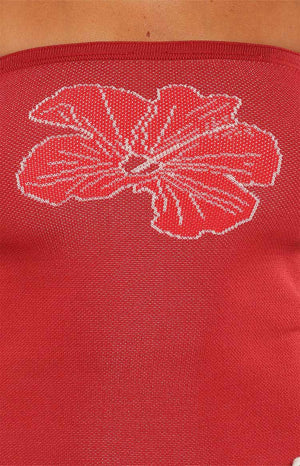 Deja Red Knit Hibiscus Strapless Tube Top