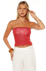 Deja Red Knit Hibiscus Strapless Tube Top Image