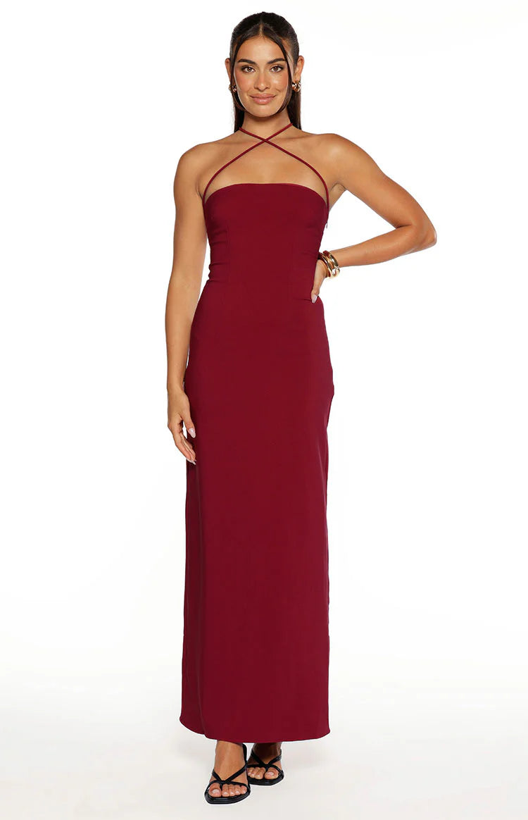 Del Mar Burgundy Crepe Formal Maxi Dress - US 12 | Beginning Boutique Exclusive Del Mar Burgundy Crepe Formal Maxi Dress - US 12 | Beginning Boutique Exclusive