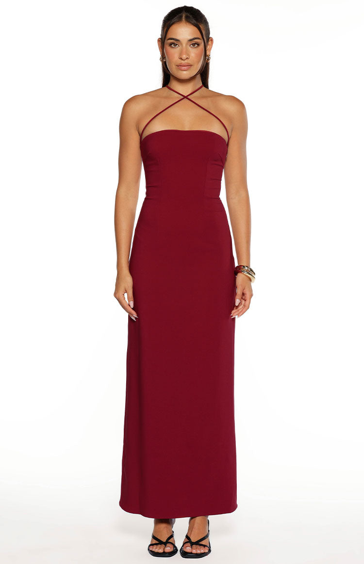 Del Mar Burgundy Crepe Formal Maxi Dress Image