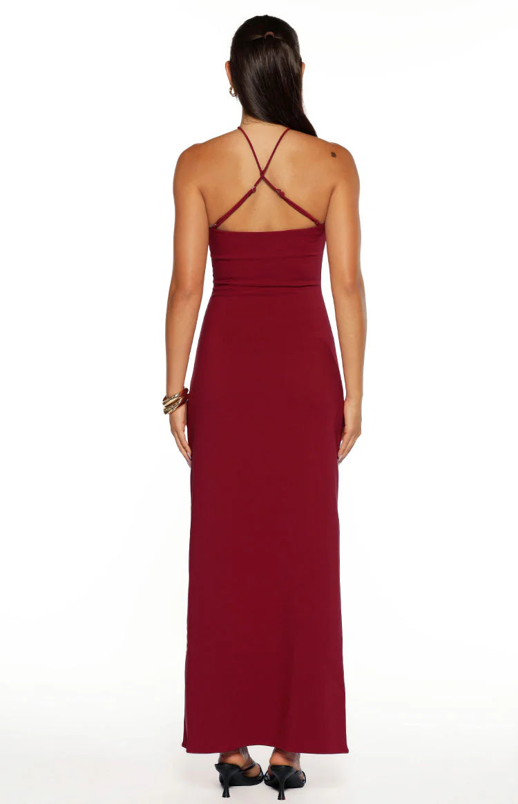Del Mar Burgundy Crepe Formal Maxi Dress - US 12