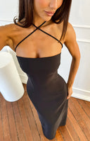 Beginning Boutique Del Mar Black Crepe Formal Maxi Dress black crepe strapless bandeau maxi dress with criss-cross halter str