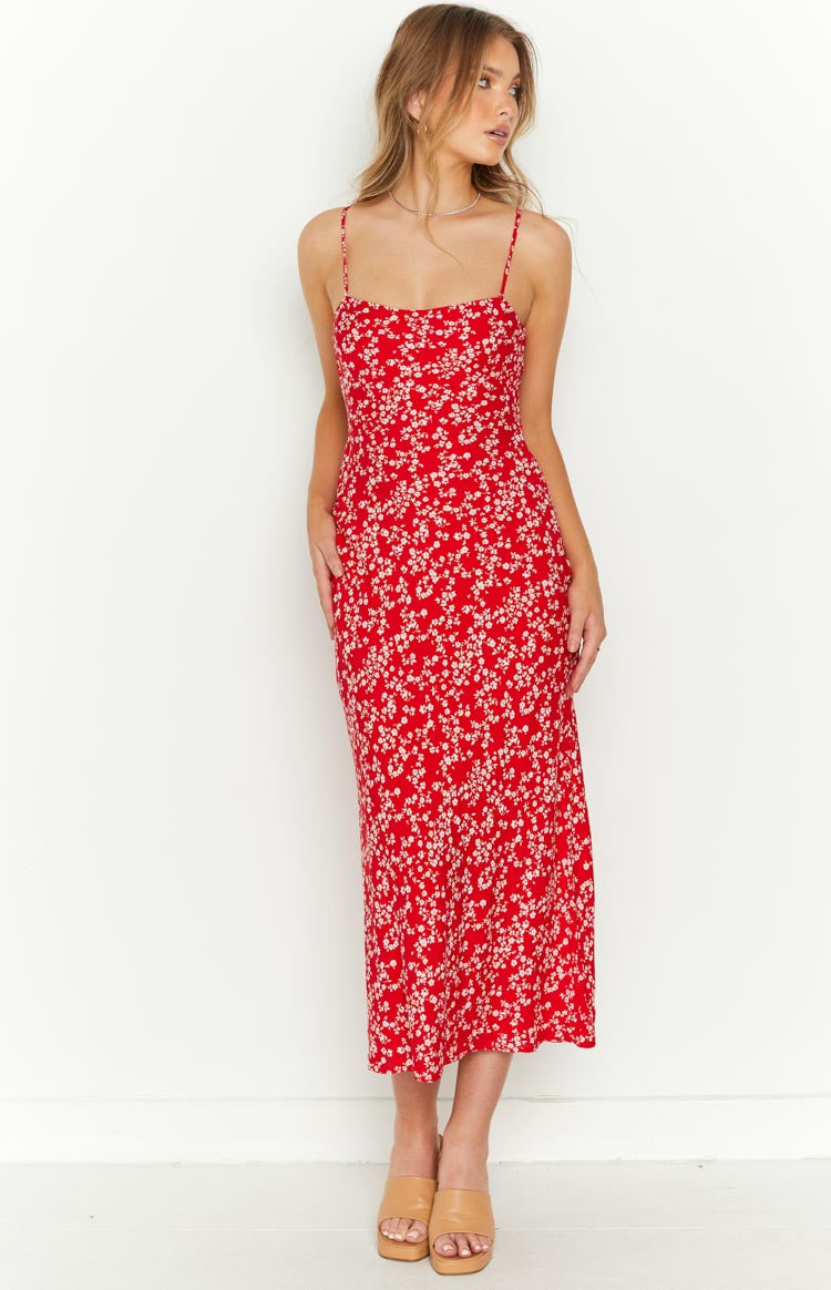 Delphine Red Floral Midi Dress - US 0 | Beginning Boutique exclusive Delphine Red Floral Midi Dress - US 0 | Beginning Boutique exclusive