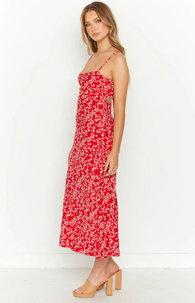 Delphine Red Floral Midi Dress - US 0 | Beginning Boutique Exclusive Delphine Red Floral Midi Dress - US 0 | Beginning Boutique Exclusive