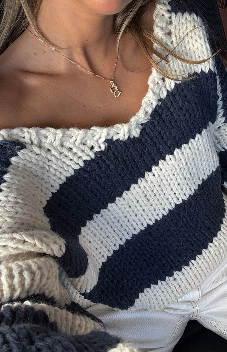 Delvey Navy Striped Chunky Knit Sweater Image