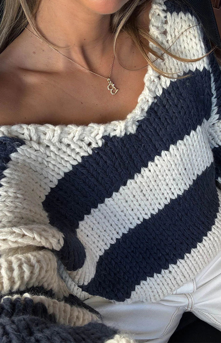 Delvey Navy Striped Chunky Knit Sweater