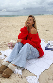 Beginning Boutique Delvey Red Chunky Knit Sweater red oversized chunky knit V-neck sweater with long wide sleeves