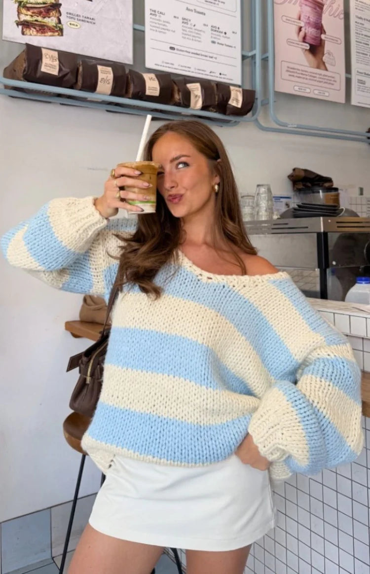 Delvey Light Blue Striped Chunky Knit Sweater