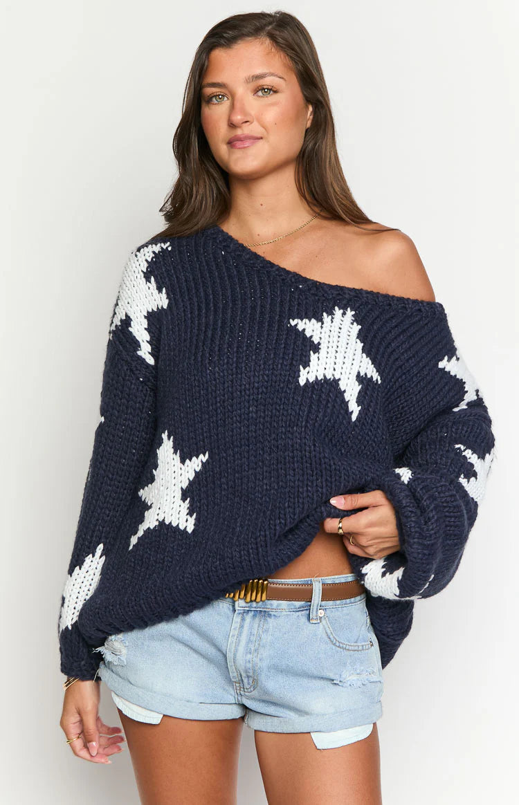 Delvey Navy Star Chunky Knit Sweater | Beginning Boutique US