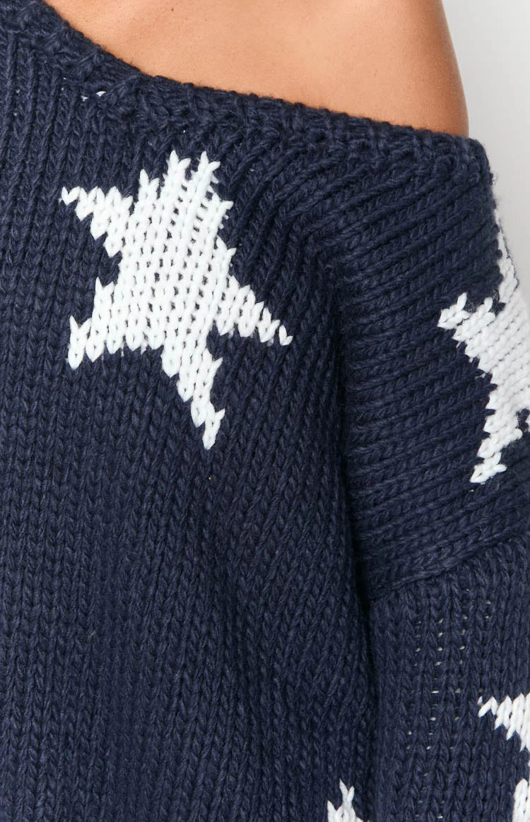 Delvey Navy Star Chunky Knit Sweater | Beginning Boutique US
