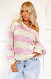 Beginning Boutique Delvey Pink Striped Chunky Knit Sweater pink and cream striped chunky knit sweater with an off-the-shoulder neckline