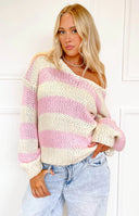 Delvey Pink Striped Chunky Knit Sweater