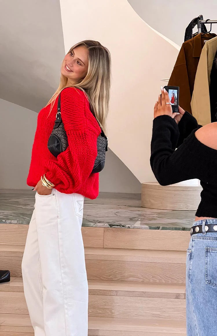 Delvey Red Chunky Knit Sweater