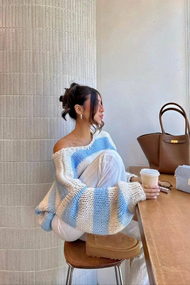 Delvey Light Blue Striped Chunky Knit Sweater