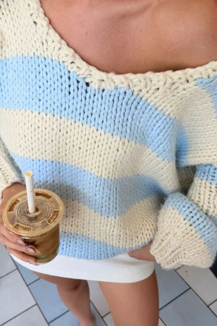 Delvey Light Blue Striped Chunky Knit Sweater